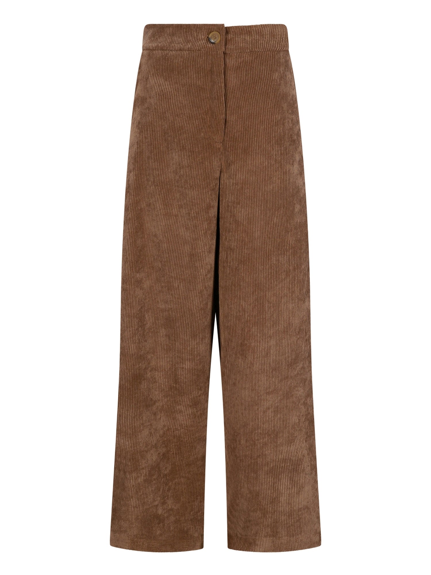 Braune Samtstoff-Weite-Bein-Hosen mit Knopfverschluss und hohem Bund.