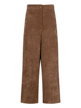 Braune Samtstoff-Weite-Bein-Hosen mit Knopfverschluss und hohem Bund.