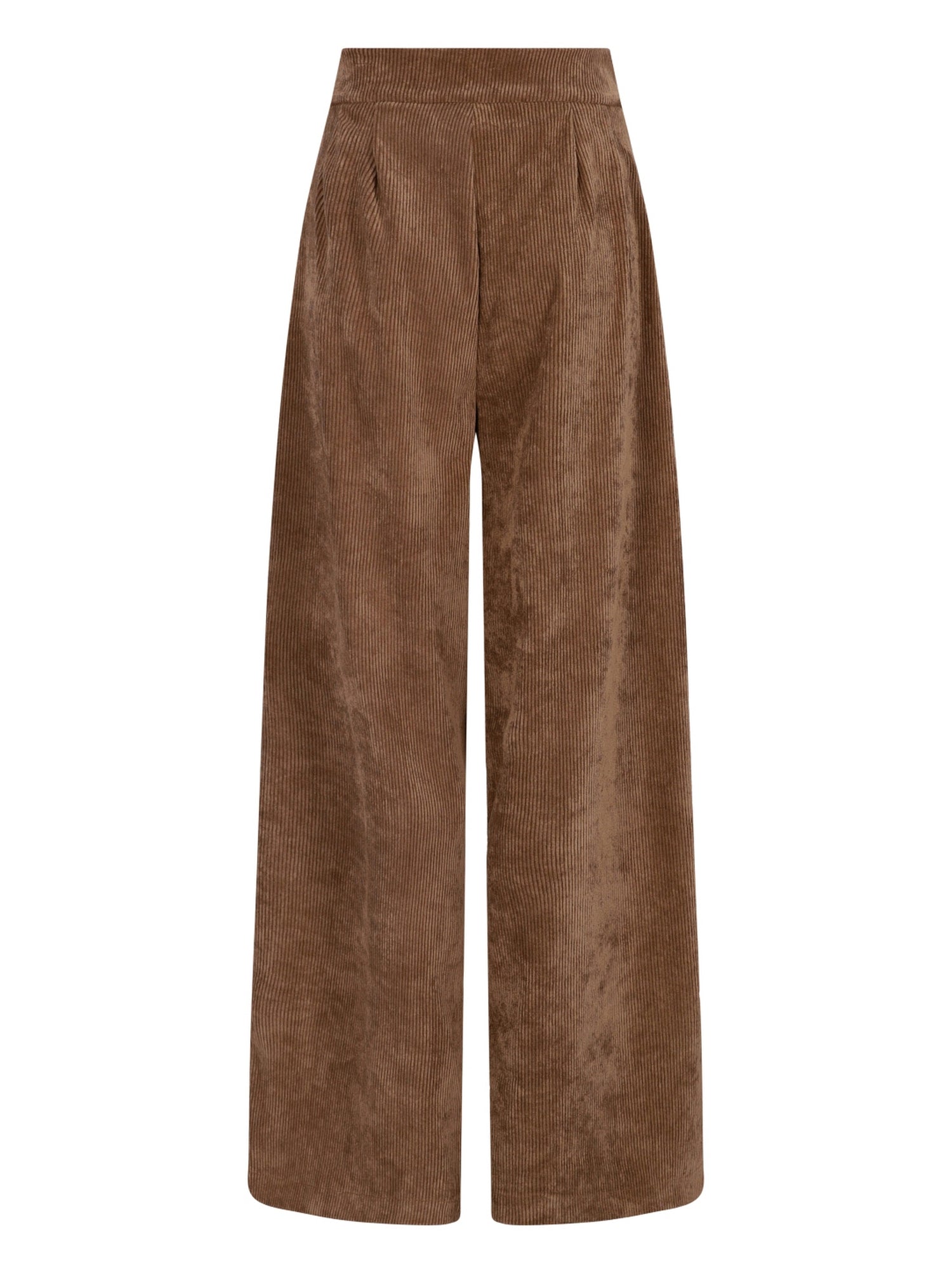 Braune Wildleder-Weite-Bein-Hosen mit hohem Bund und Falten vorne.