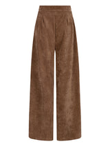 Braune Wildleder-Weite-Bein-Hosen mit hohem Bund und Falten vorne.