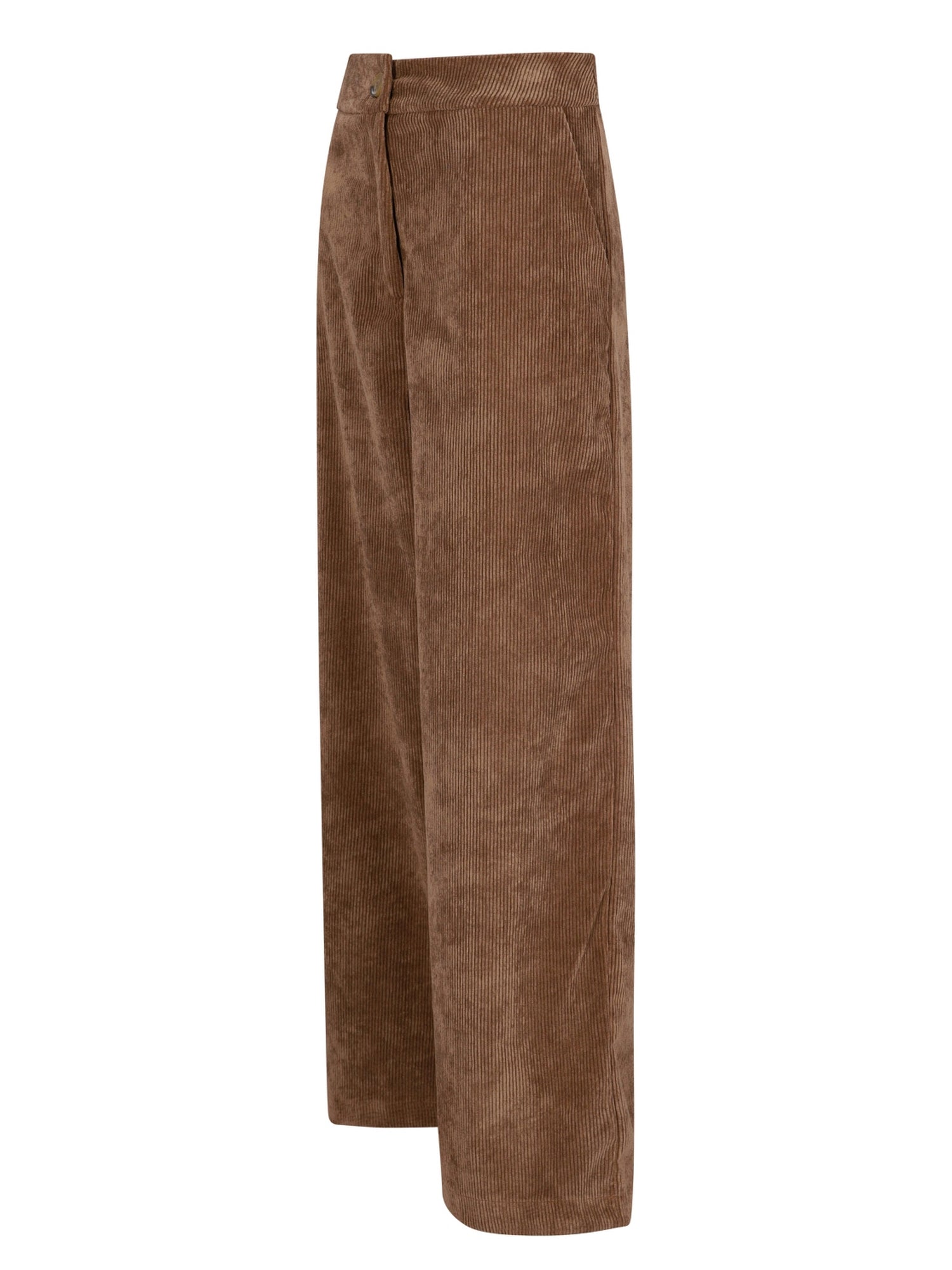 Braune Samtstoff-Weite-Bein-Hosen mit hohem Bund und Knopfverschluss.