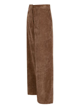 Braune Samtstoff-Weite-Bein-Hosen mit hohem Bund und Knopfverschluss.