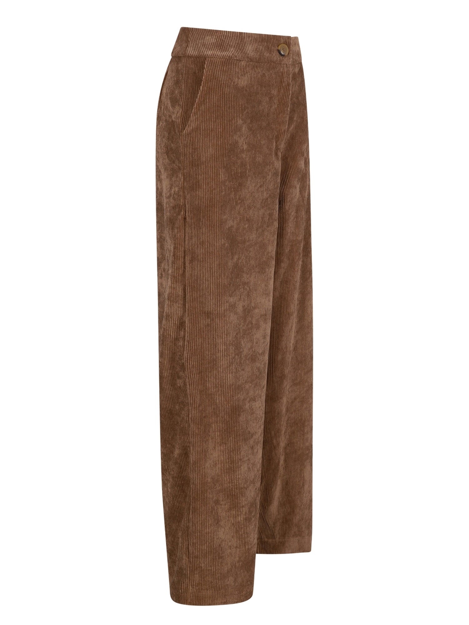 Braune Samtstoff-Weite-Hosen mit Knopfverschluss und Taschen.