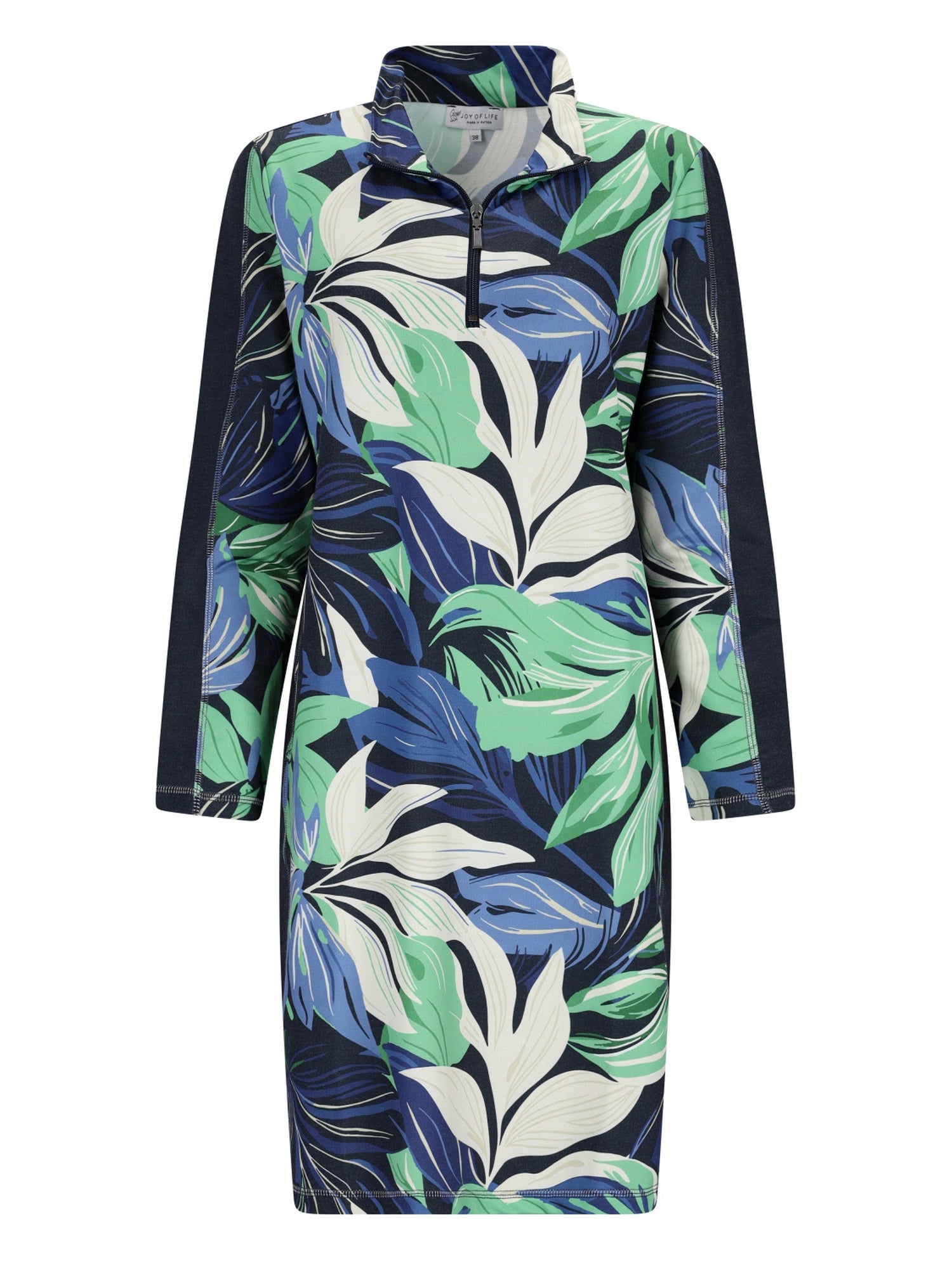 Blau-grünes tropisches Blattmuster-Kleid mit hohem Kragen.