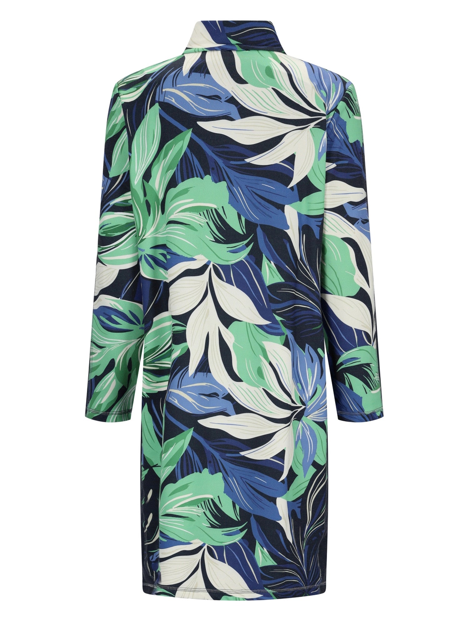 Tropisches Blattmuster Langarm-Shirtkleid in Marineblau, Grün und Weiß.