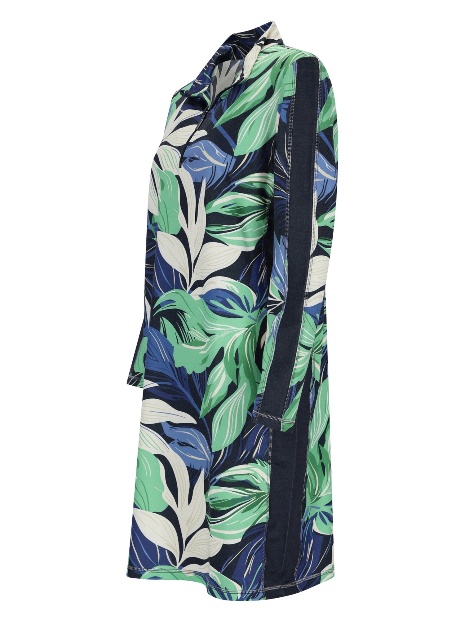 Tropisches Blattmuster-Bademantel mit schwarzem Träger und Knöpfen.