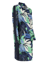 Tropisches Print-Morgenmantel mit langen Ärmeln und Taschen, marineblauer Hintergrund