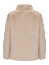 Beige Kunstpelz-Jacke mit hohem Kragen und langen Ärmeln.