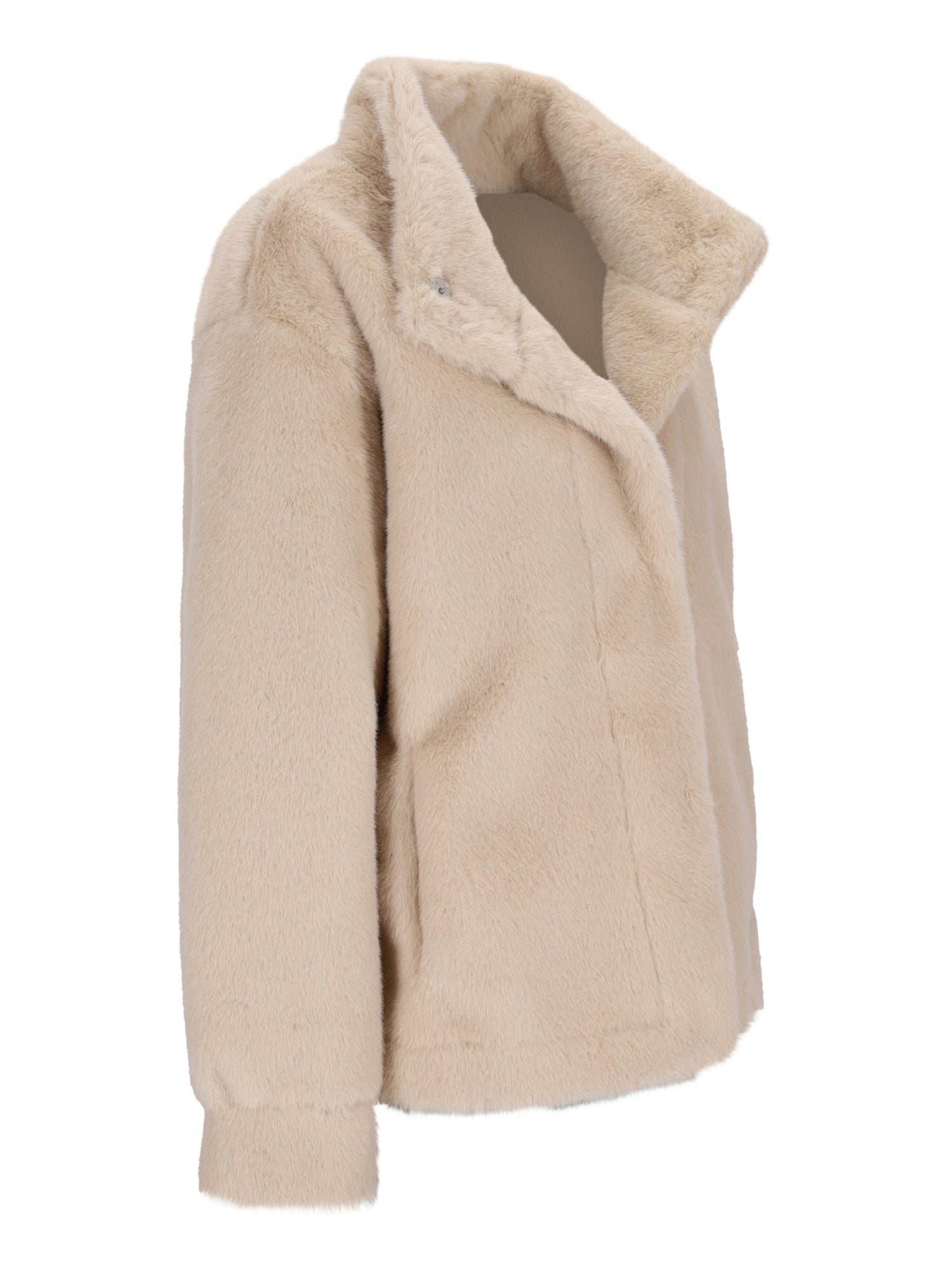 Beige Kunstpelz-Jacke mit hohem Kragen und langen Ärmeln.