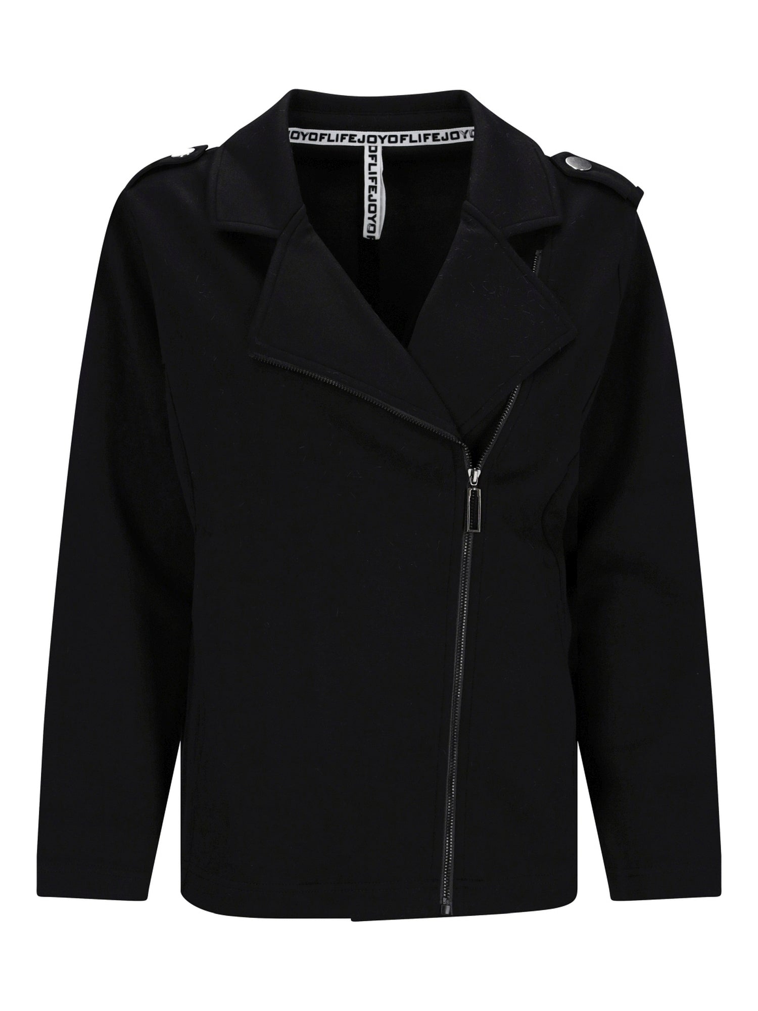 Schwarze Reißverschlussjacke mit Schulterpolstern und Logo auf der Brust.