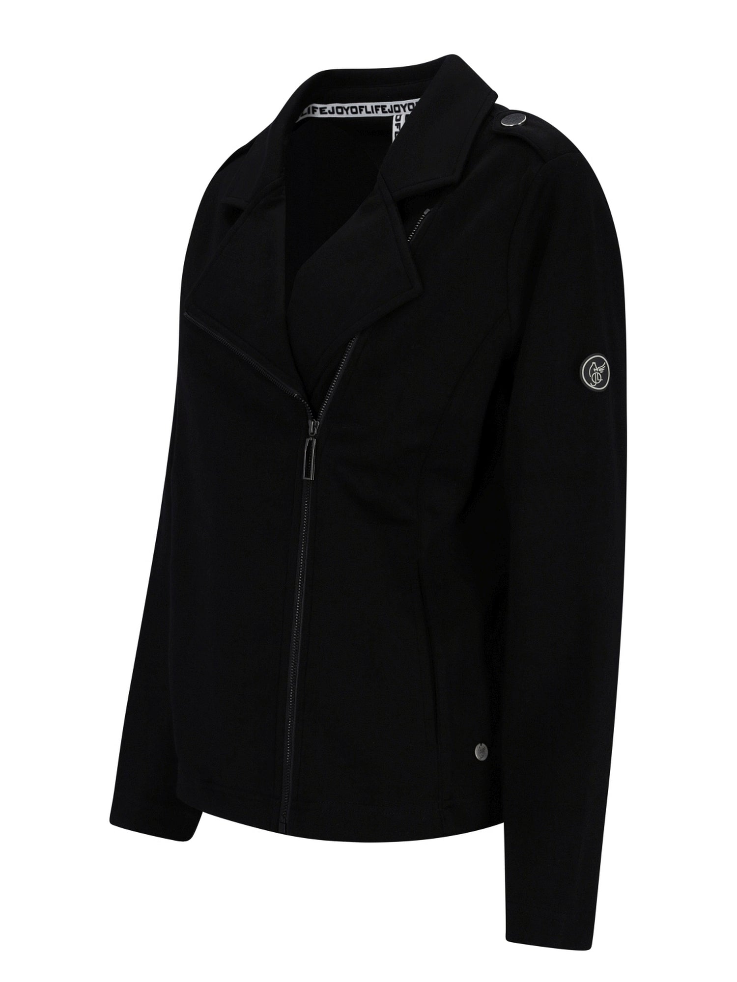 Schwarze Moncler-Jacke mit silbernem Logostickerei und Reißverschlussdetails.