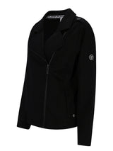 Schwarze Moncler-Jacke mit silbernem Logostickerei und Reißverschlussdetails.