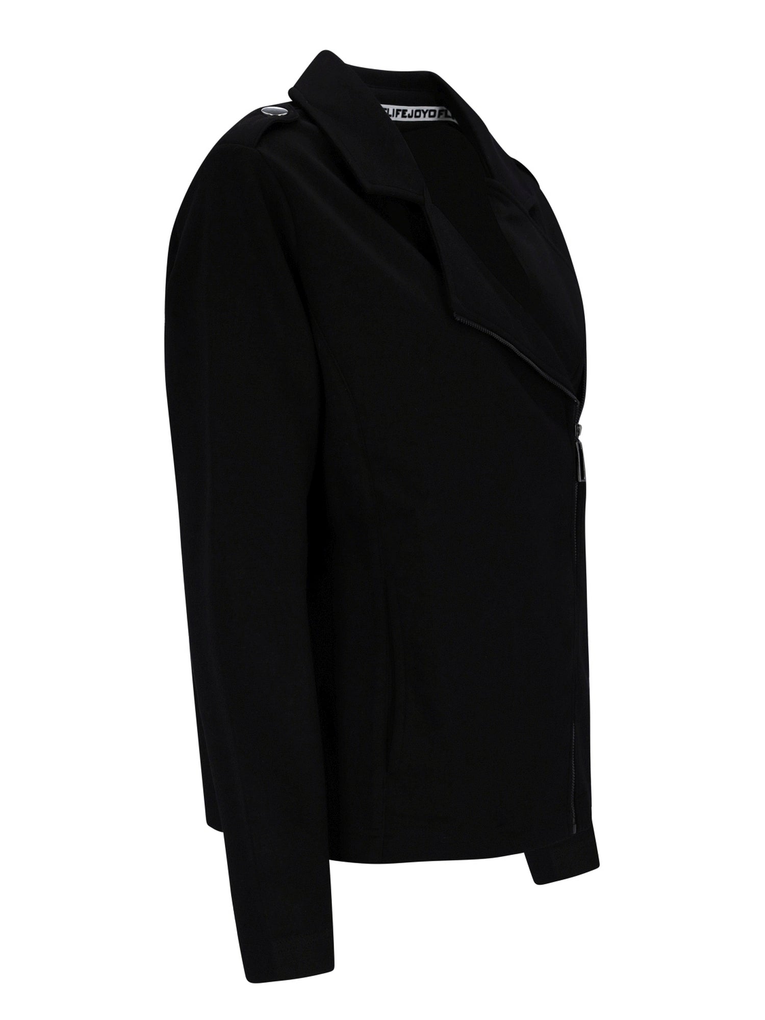 Schwarze asymmetrische Reißverschlussjacke mit hohem Kragen und langen Ärmeln.