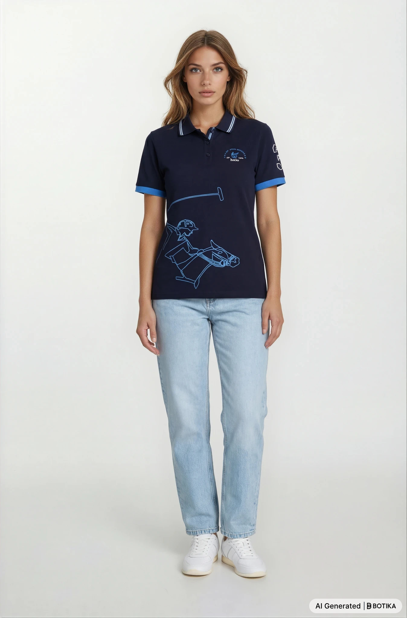 Navyblaues poloshirt mit hellblauer randverzierung und reitergrafik design von polopique el polista