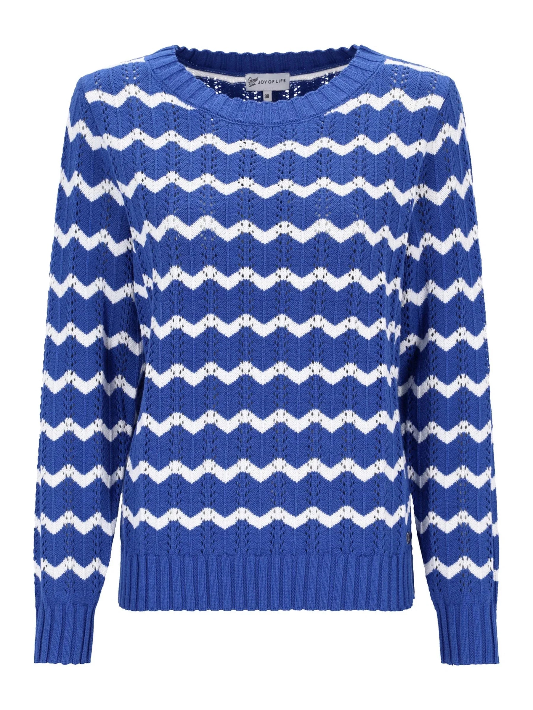 Pullover Ajourstrick: blauer-weißer Chevron-Strickpullover mit Rippbündchen