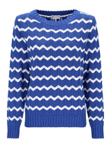 Pullover Ajourstrick: blauer-weißer Chevron-Strickpullover mit Rippbündchen
