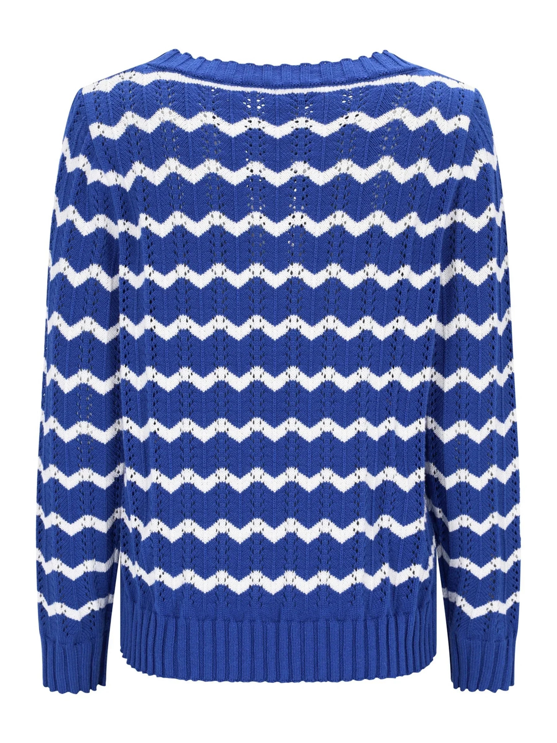 Pullover Ajourstrick: blauer-weißer Zickzack-Strickpullover mit Rippbündchen