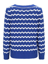 Pullover Ajourstrick: blauer-weißer Zickzack-Strickpullover mit Rippbündchen