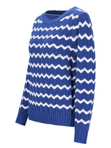 Pullover Ajourstrick: blauer Strickpullover mit weißem Zickzackmuster, Rippbündchen