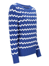 Pullover Ajourstrick: blauer Strickpullover mit weißem Zickzackmuster