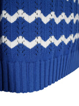 Pullover Ajourstrick: blauer-weißer Zickzack-Strickpullover mit Rippbund