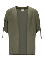 Olivgrüne Strickjacke ohne Verschluss, 3/4-Ärmel, leicht mit Rüschen und Bändern