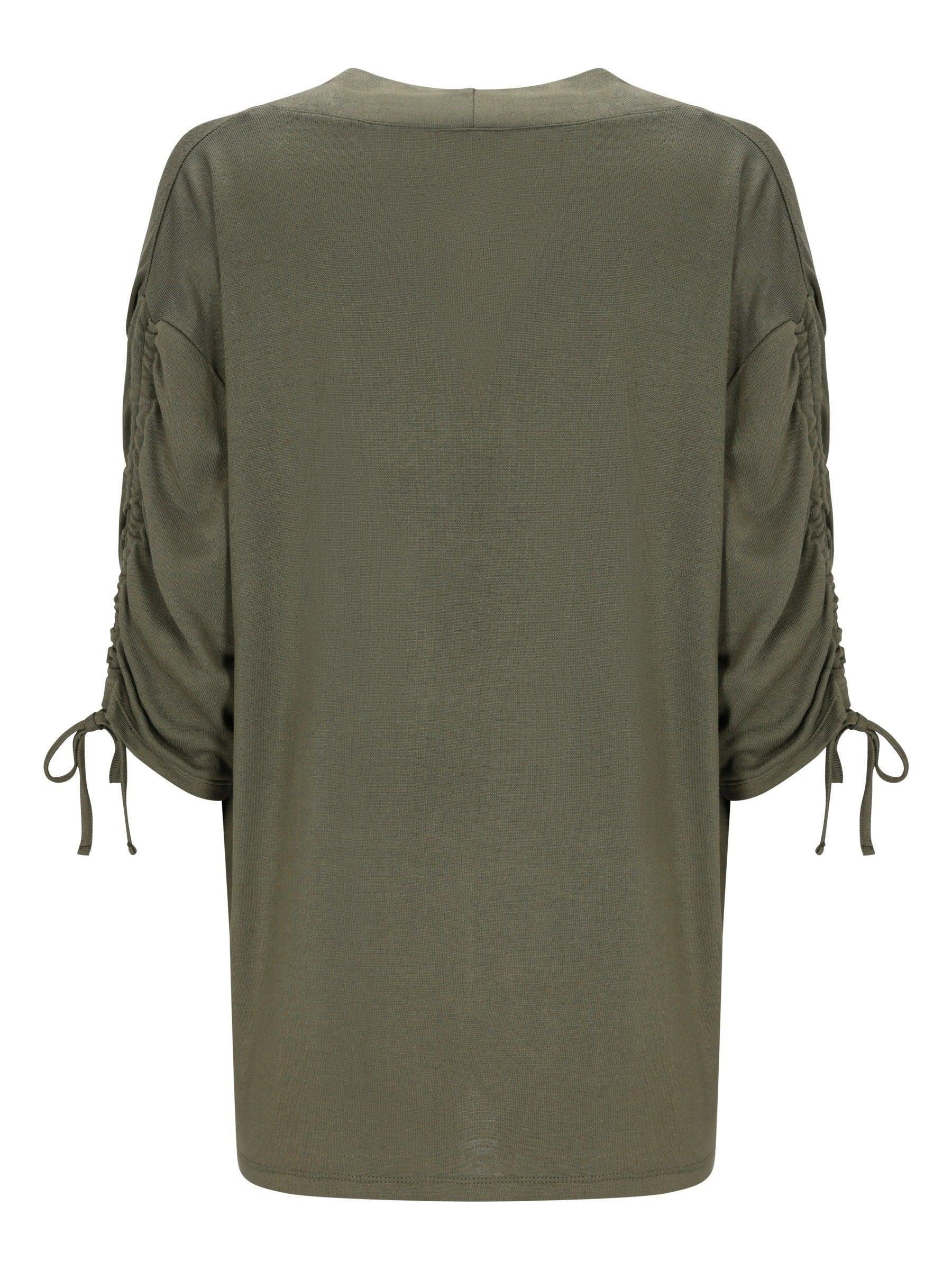 Olivgrüne Satin-Strickjacke ohne Verschluss, geraffte 3/4-Ärmel mit gebundenen Bündchen