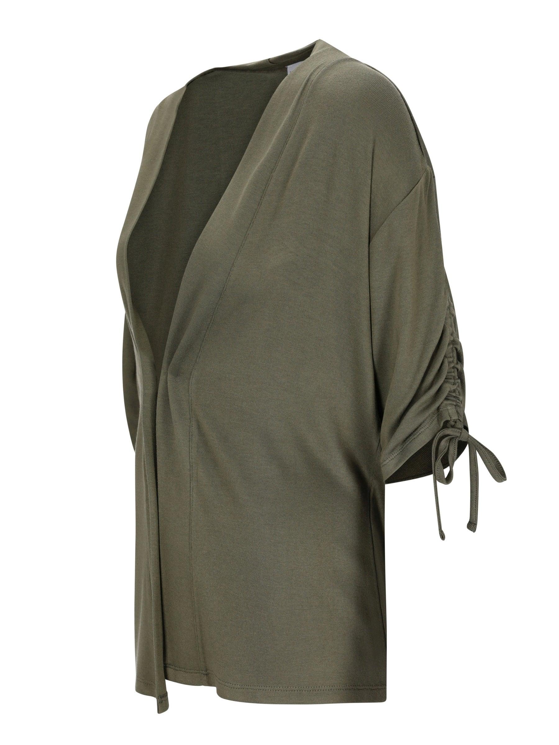 Olivgrüne Strickjacke 3/4-Arm mit Rüschenärmeln und Krawattenverschluss