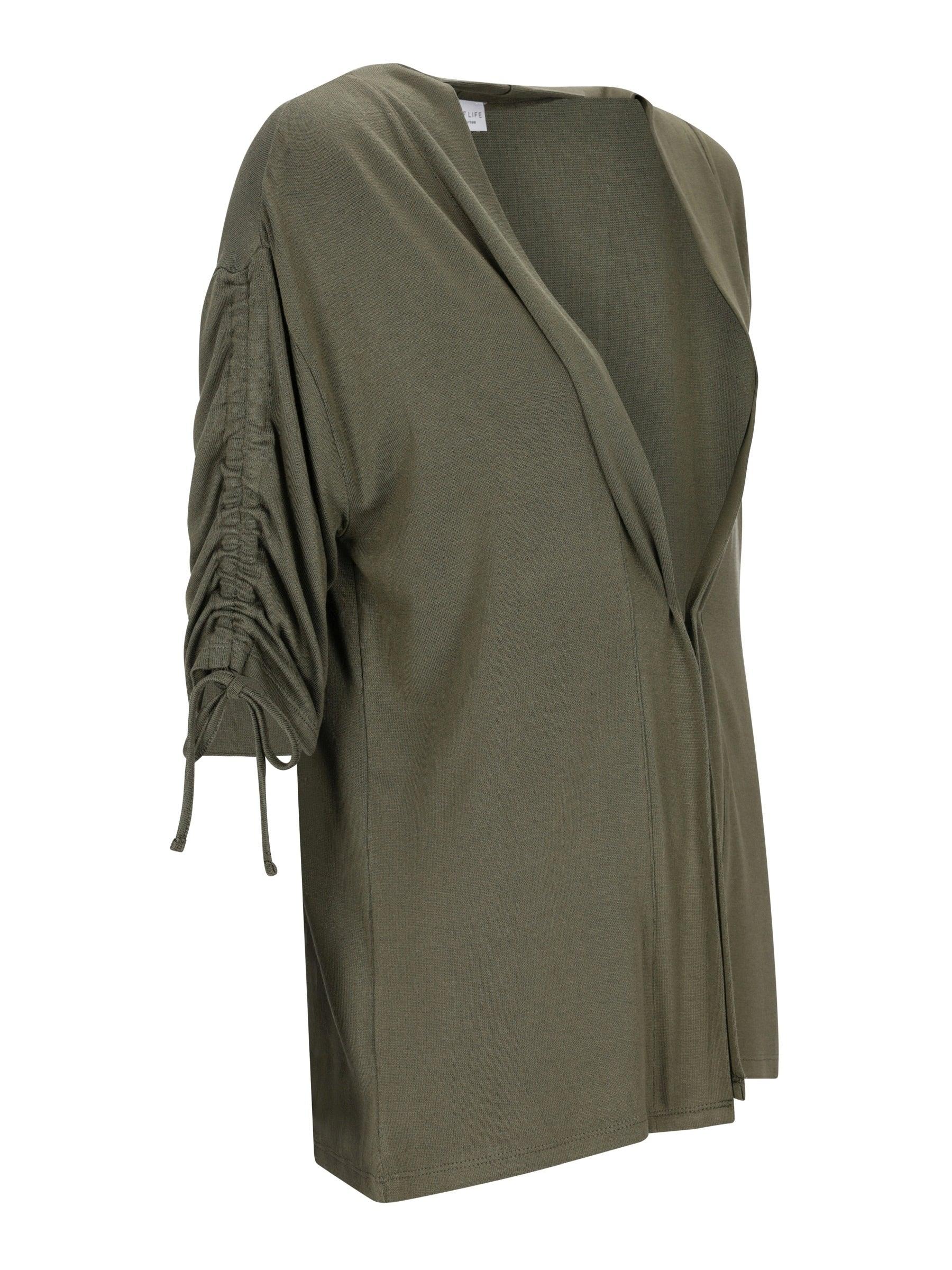 Olivgrüne Strickjacke ohne Verschluss mit gerafften Schnürärmeln