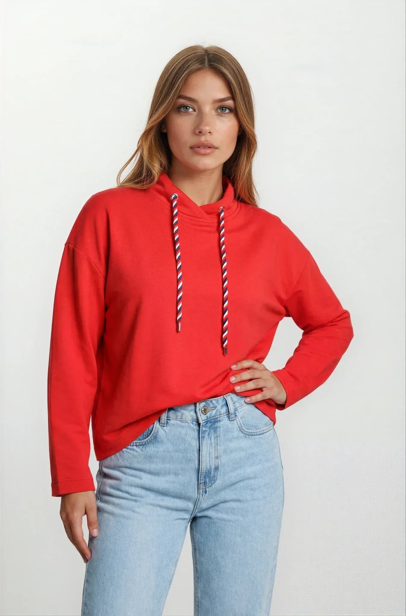 Rotes Langarm-Hoodie mit gestreiften Kordelzügen, Sweatshirt 1/1 Arm