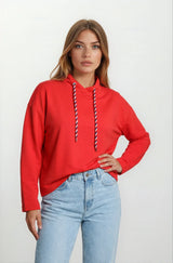 Rotes Langarm-Hoodie mit gestreiften Kordelzügen, Sweatshirt 1/1 Arm