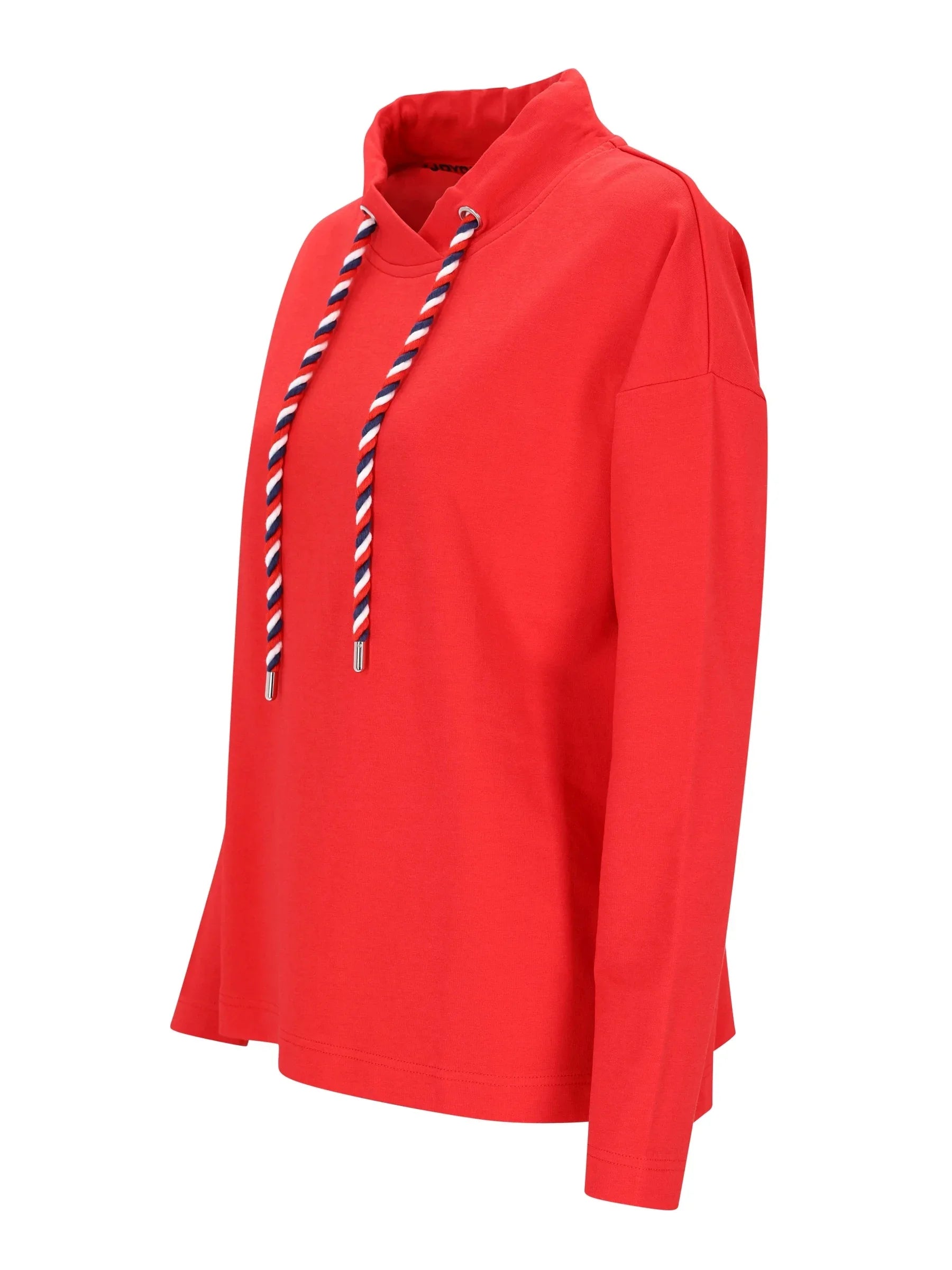 Lebendiger roter Langarm-Hoodie mit hohem Kragen und gestreiften Kordeln. Sweatshirt 1/1 Arm