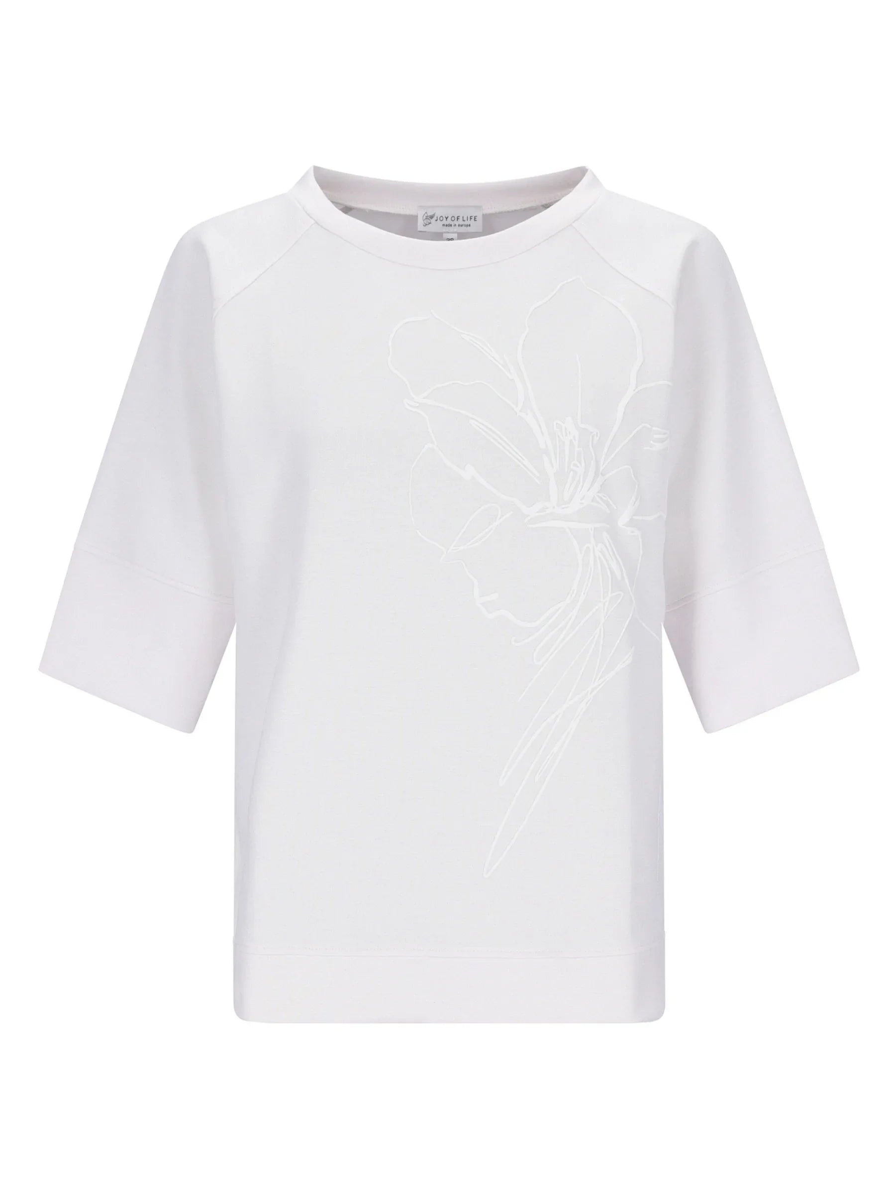Weißes kurzärmliges Sweatshirt 1/2 Arm mit dezentem Blumenstickerei vorne
