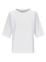 Weißes kurzärmliges Sweatshirt 1/2 Arm mit dezentem Blumenstickerei vorne
