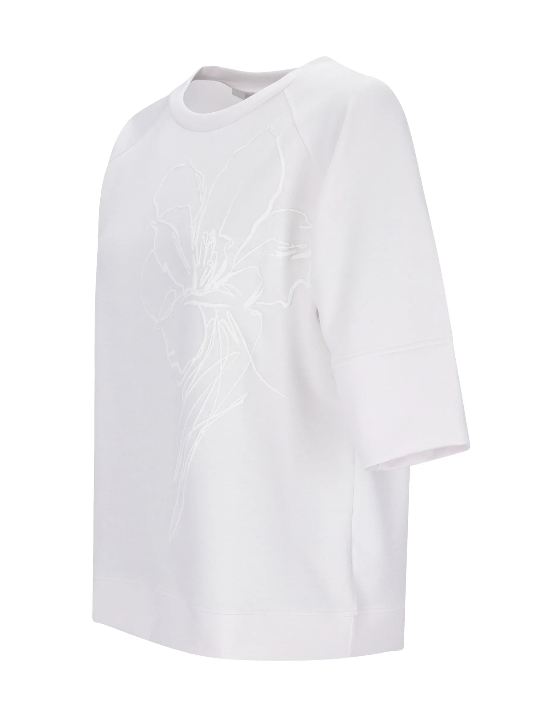Weißes oversized T-Shirt mit hellem Blumenstickerei, Sweatshirt 1/2 Arm
