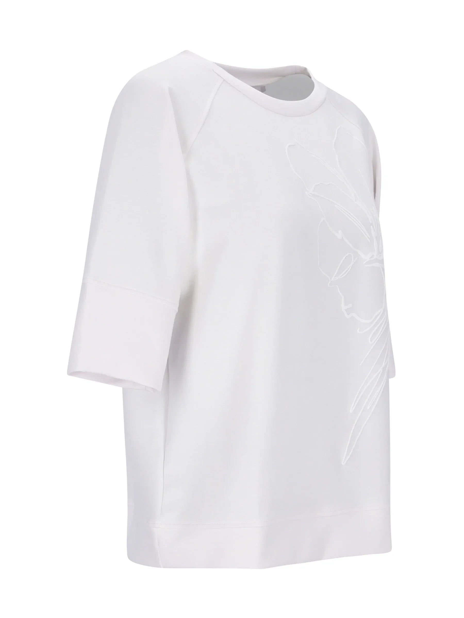 Weißes oversized Sweatshirt 1/2 Arm mit transparenter Blumenstickerei seitlich