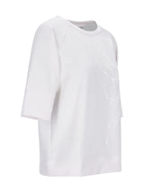 Weißes oversized Sweatshirt 1/2 Arm mit transparenter Blumenstickerei seitlich