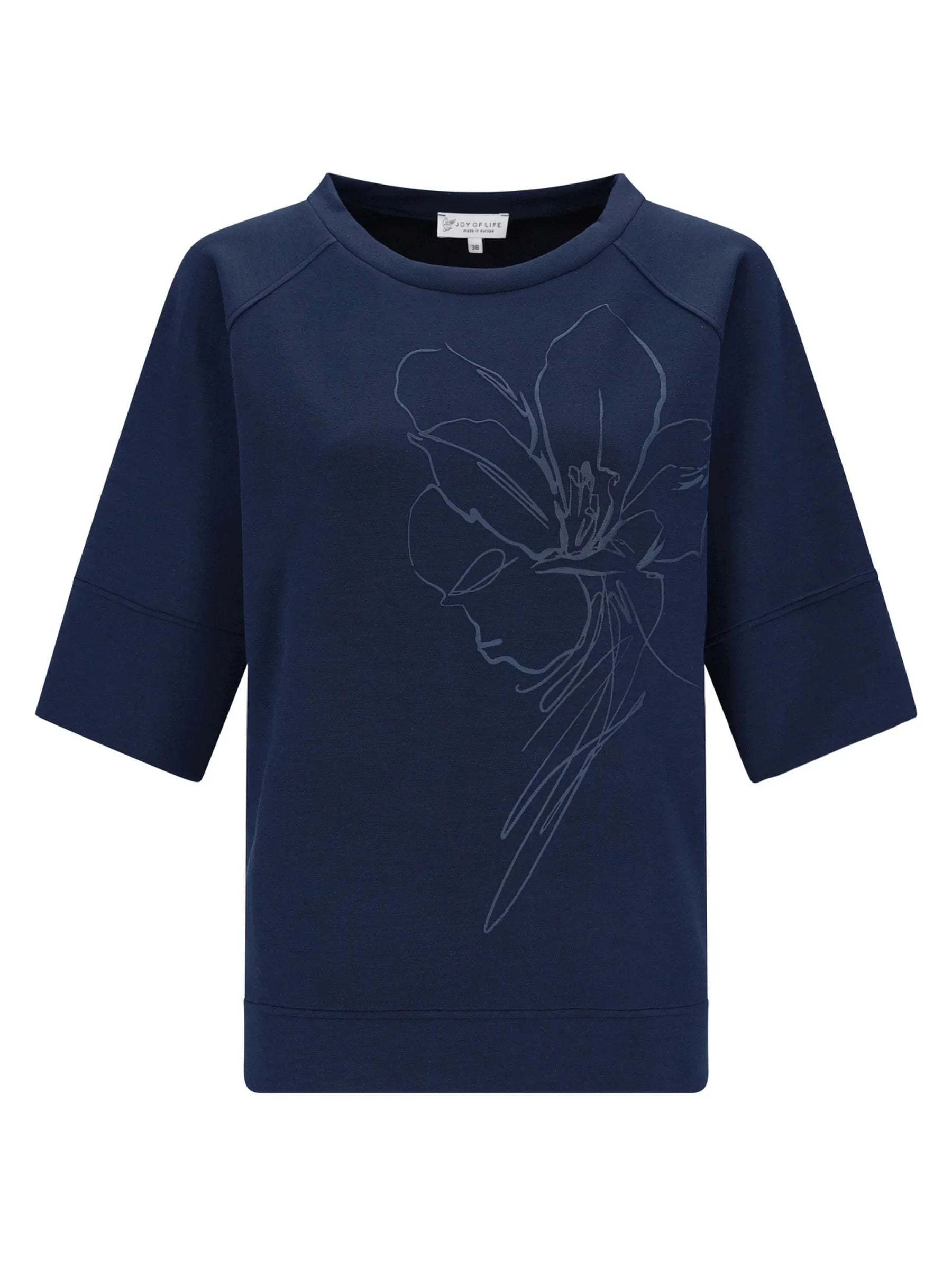 Marineblaues Sweatshirt 1/2 Arm mit dezentem silbernem Blumenkontur-Design vorne