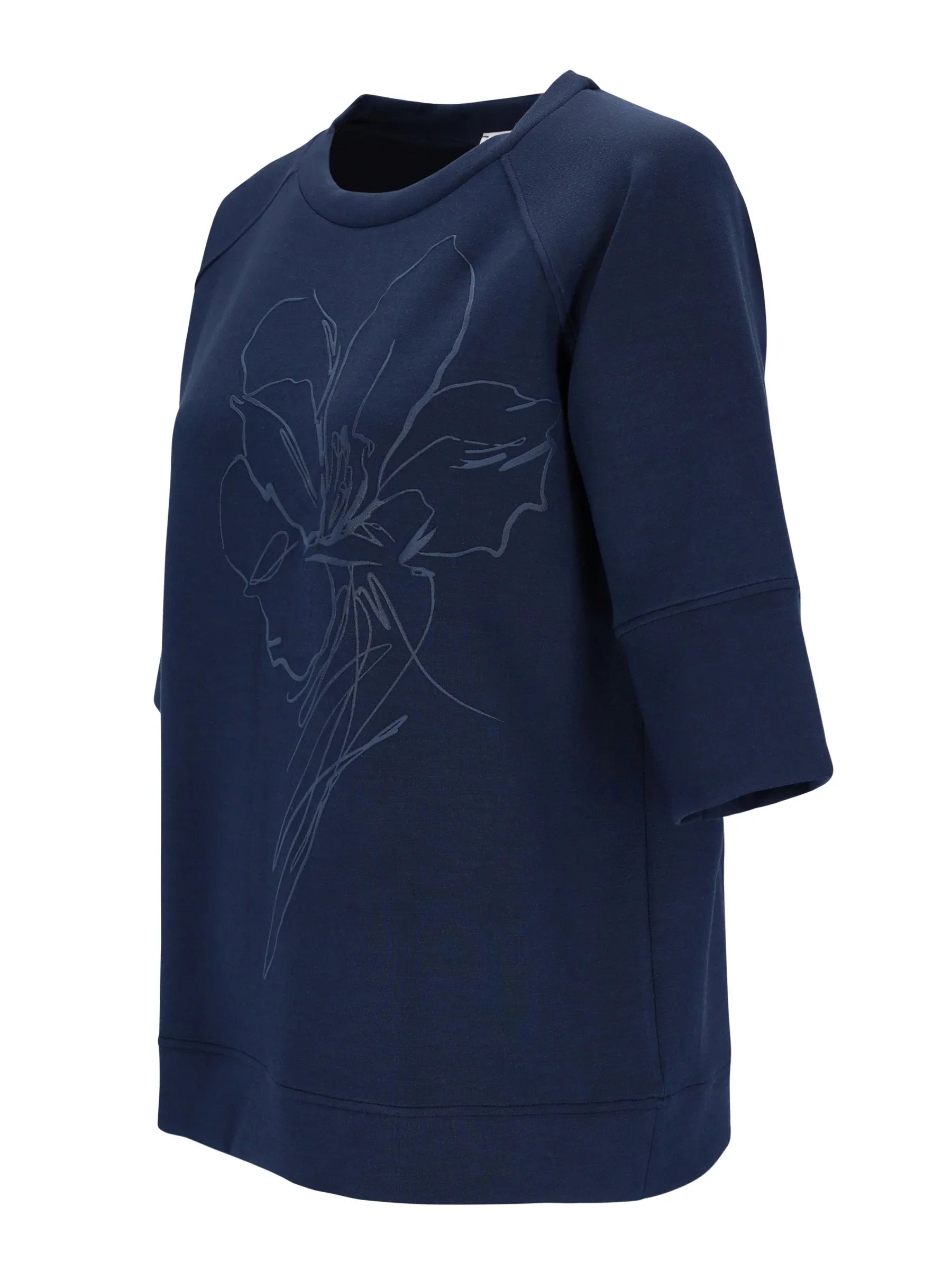Marineblaues Sweatshirt 1/2 Arm mit dezentem Stickerei-Floralmotiv vorne