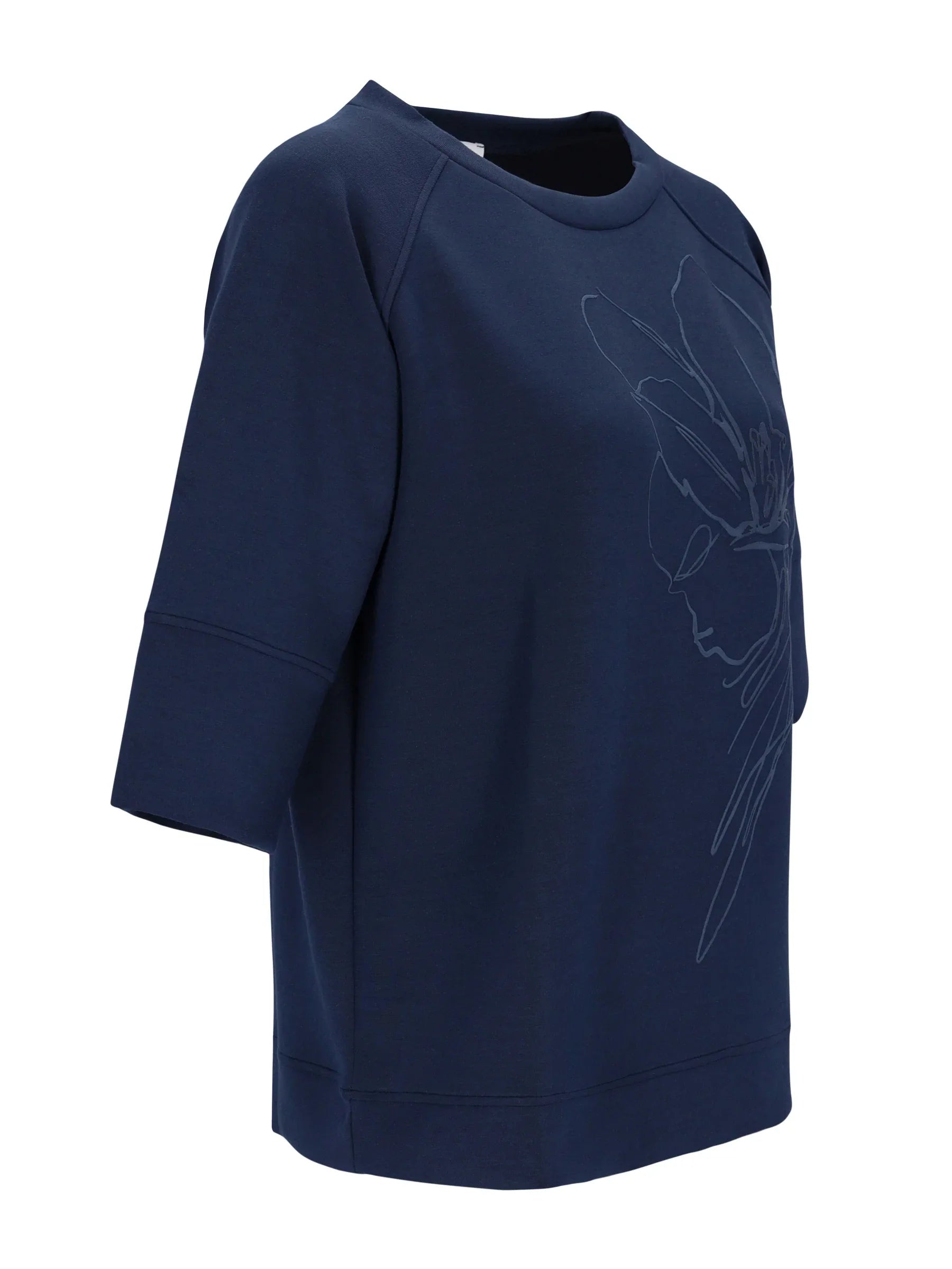 Marineblaues Sweatshirt 1/2 Arm mit dezentem Stickmuster Floral vorne