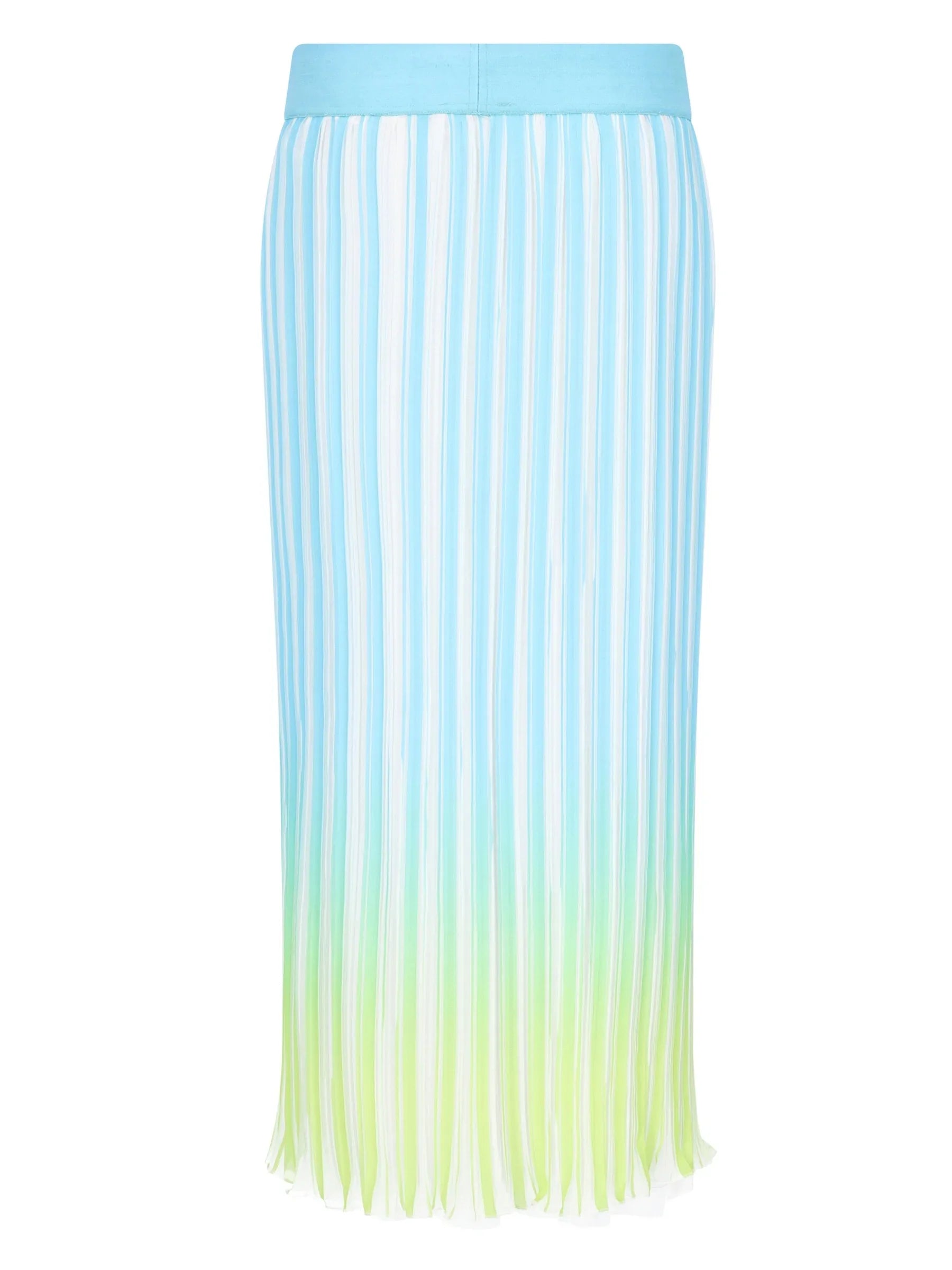 Plisseerock mehrfarbig bedruckt mit hellblauem Bund und Streifen von Hellblau zu Limettengrün