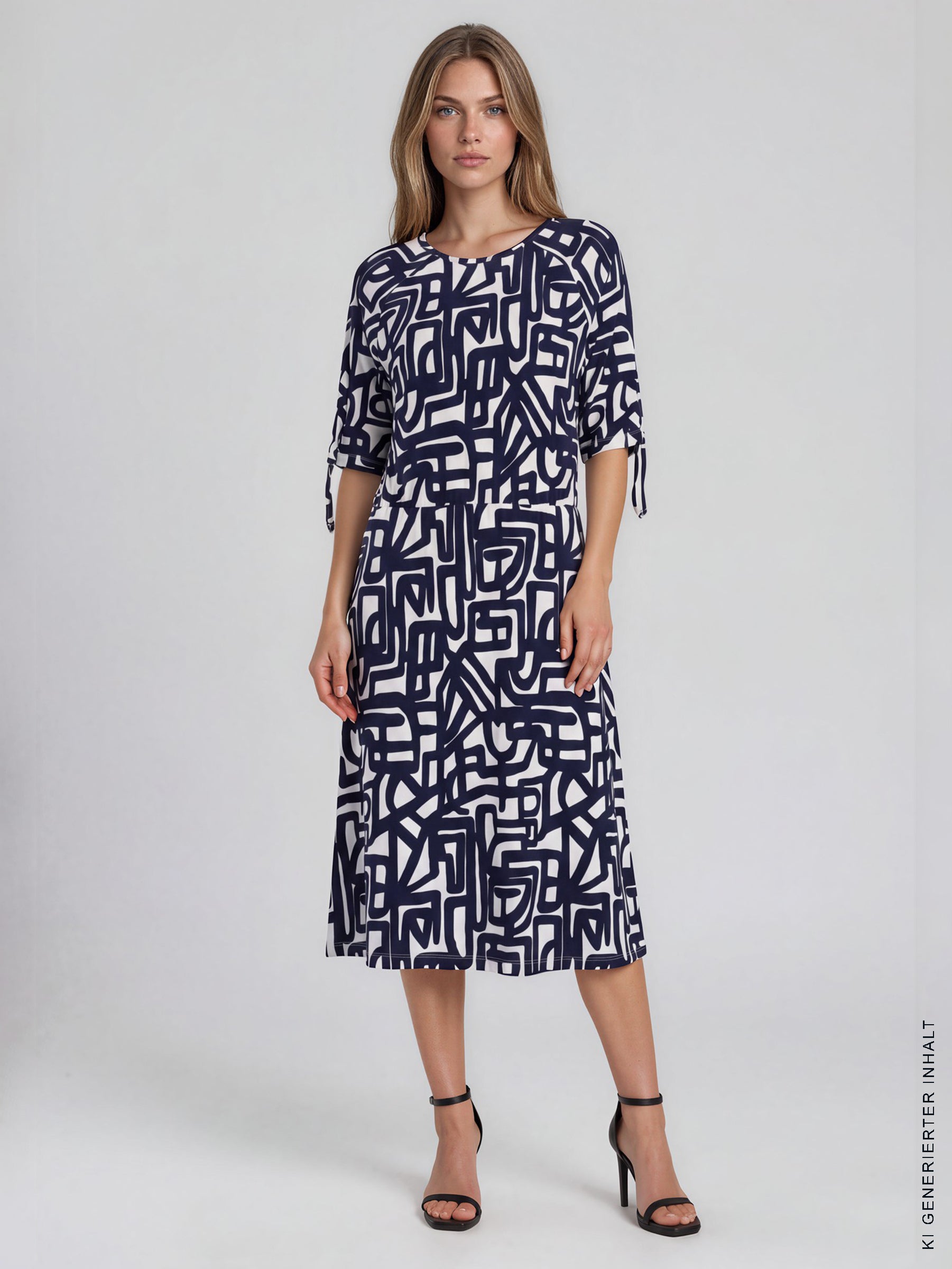 Navy und weißes jersey kleid mit abstract geometrischem muster und 3 4 arm zum binden hajo mode