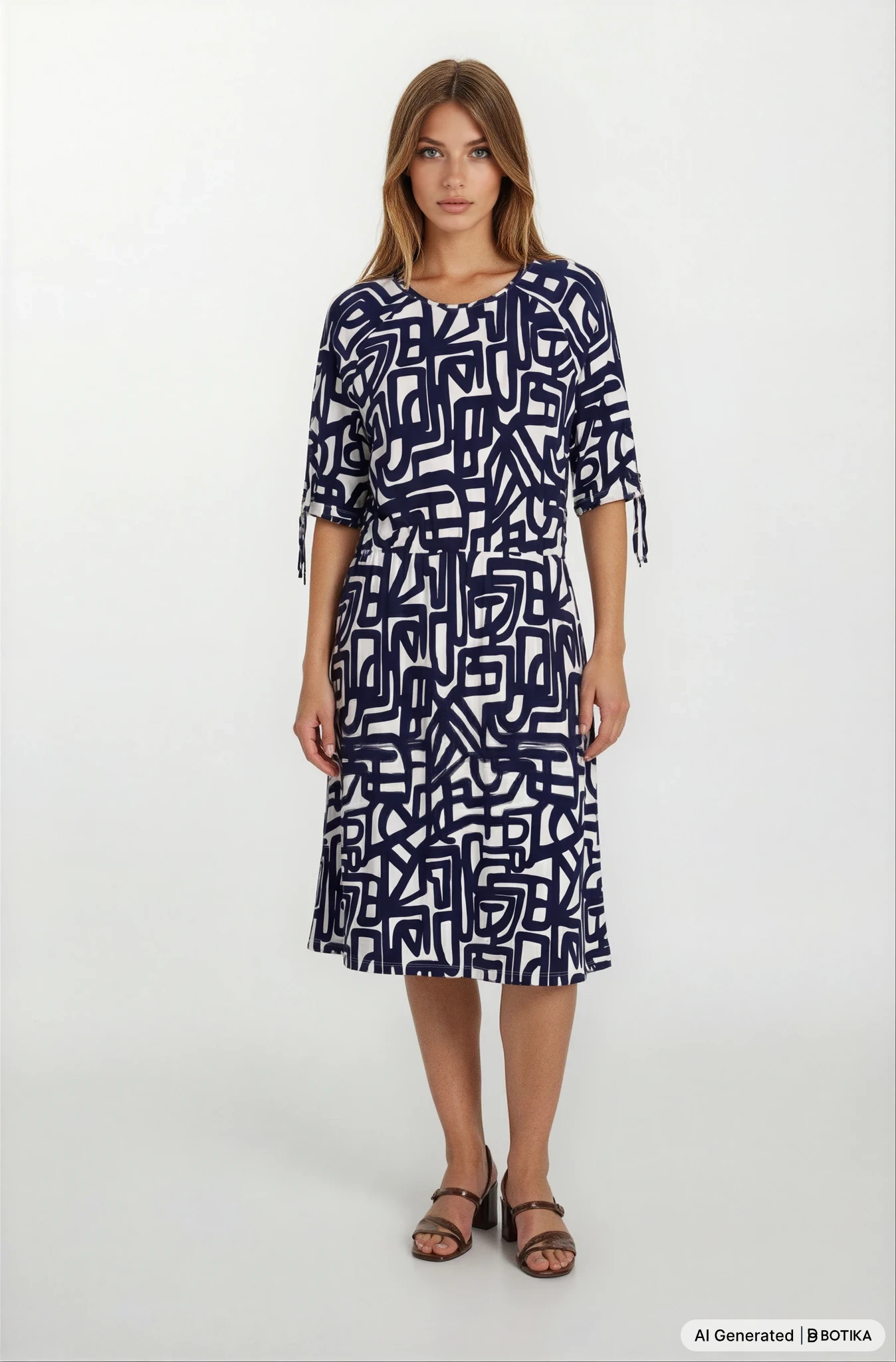 Navy blaues und weißes jersey kleid midi mit geometrischem muster und 3/4-ärmeln mit hajo mode details