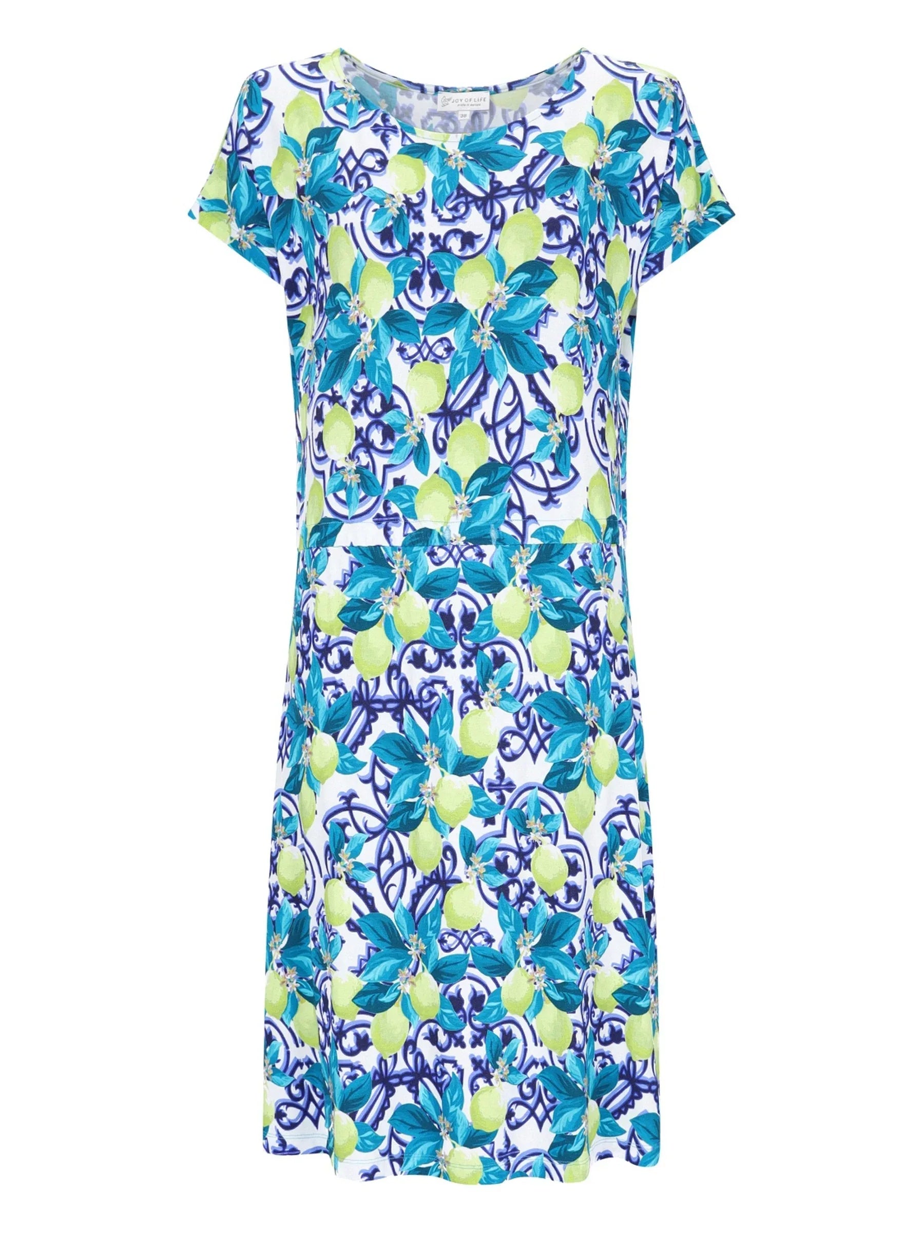 Kleid Jersey: buntes Kleid mit blau-grünem Blumenmuster, kurzen Ärmeln