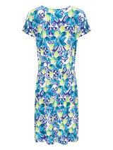 Vibrantes blaues und limagrünes Blumenmuster-Kleid Jersey, kurzärmelig