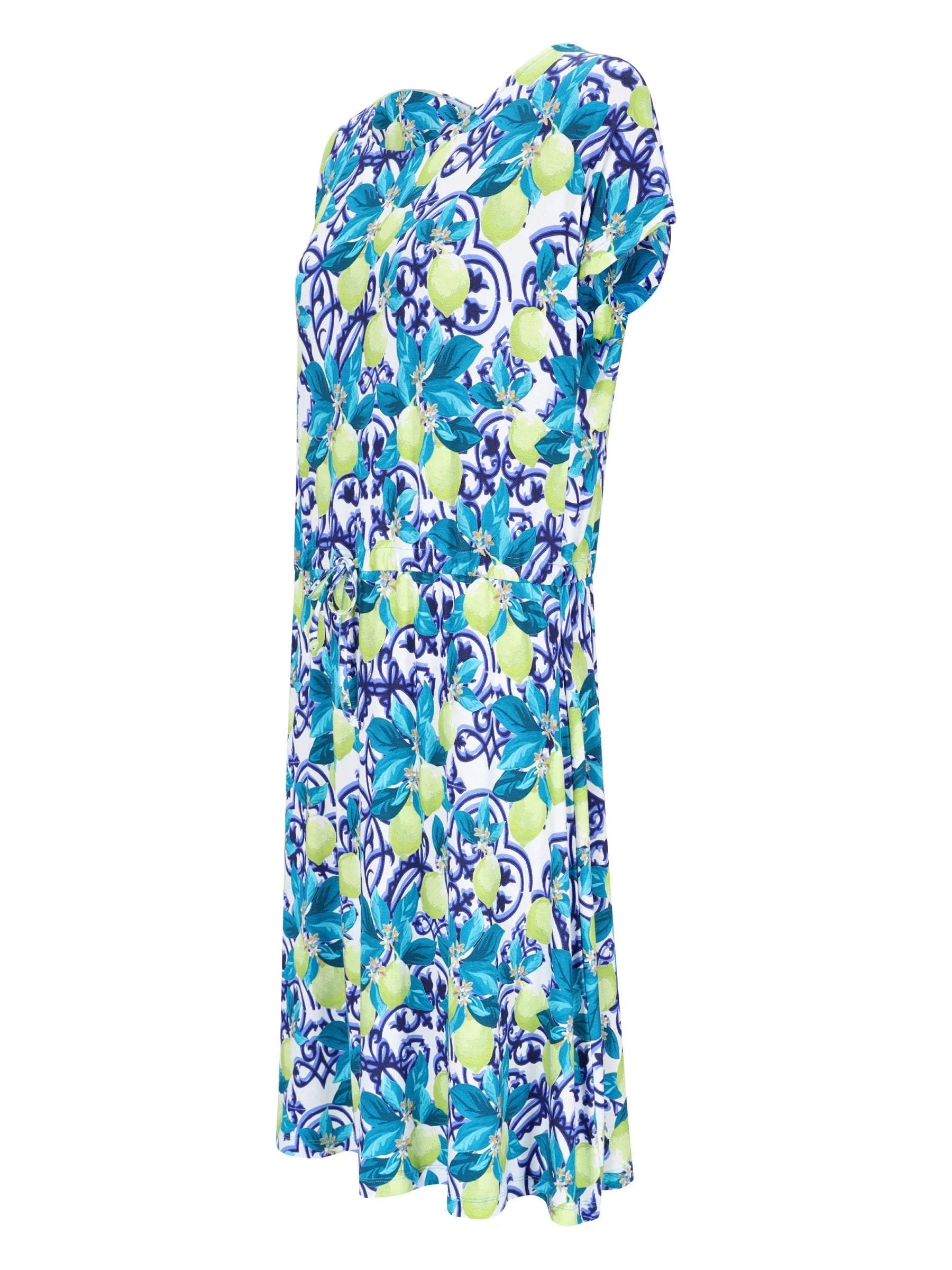 Kleid Jersey: knielanges Kleid mit türkisen Blumen und Limetten