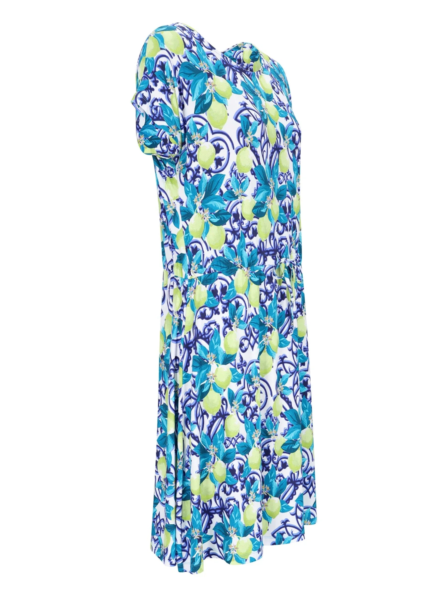 Kleid Jersey: blaues Zitronen-Floraljerseykleid mit weißem Basis und Drapierung