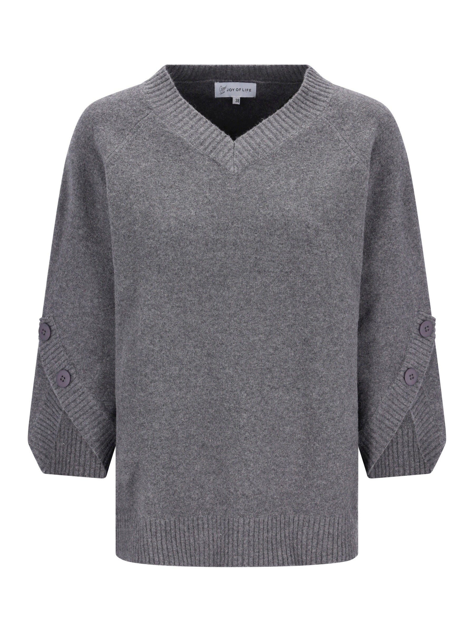 Pullover 3 4 arm grauer v ausschnitt strickpullover mit gerippten bündchen und ärmelknöpfen