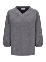 Pullover 3 4 arm grauer v ausschnitt strickpullover mit gerippten bündchen und ärmelknöpfen
