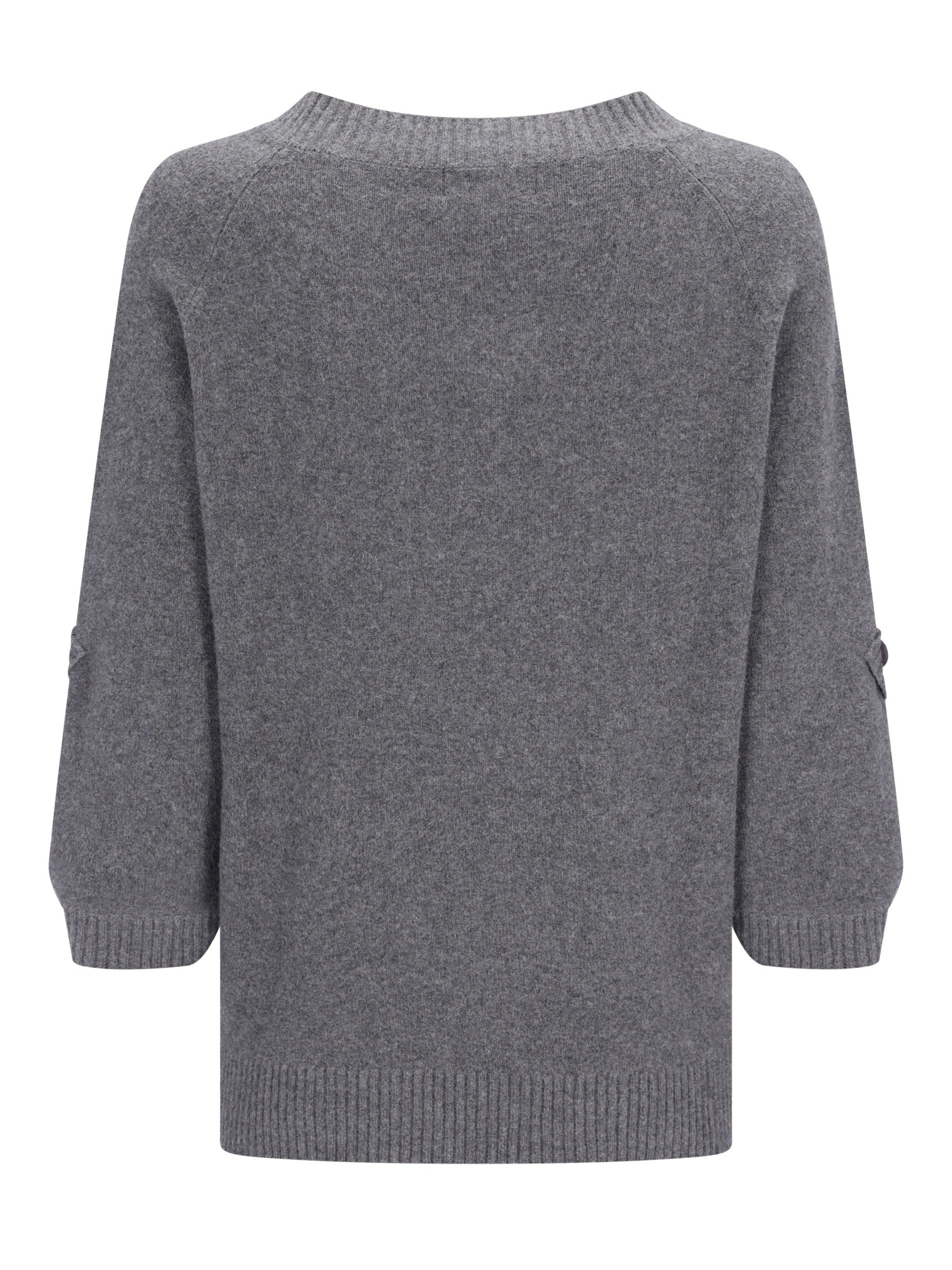 Pullover 3/4 arm in grauem meliertem strick mit gerafften manschetten und saum in entspannter passform
